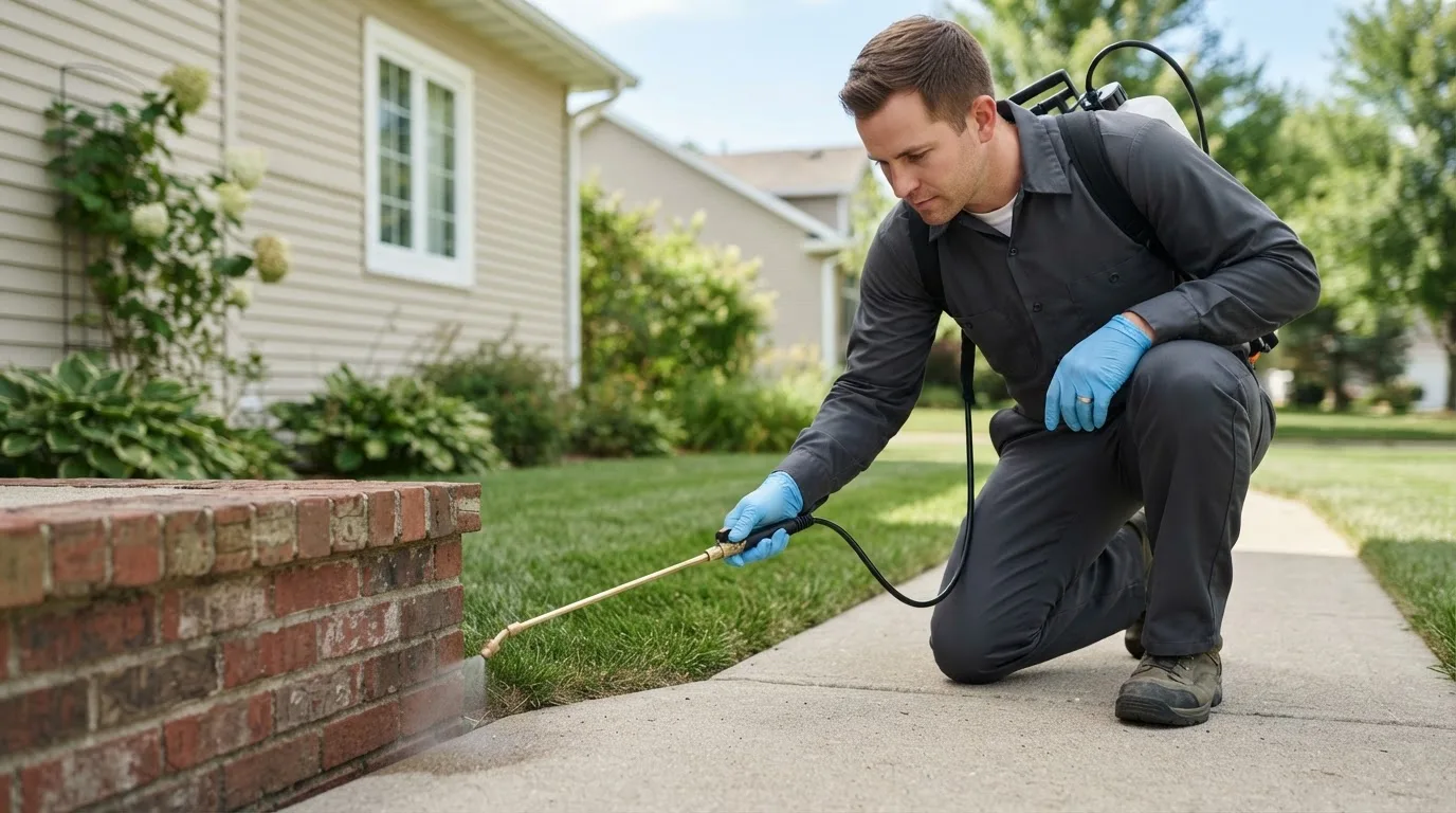 Pest control technician treating a home near Hamilton, OH